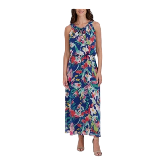 Sandra Darren Tie neck Sleeveless Floral print Maxi Dress - Picture 1 of 8